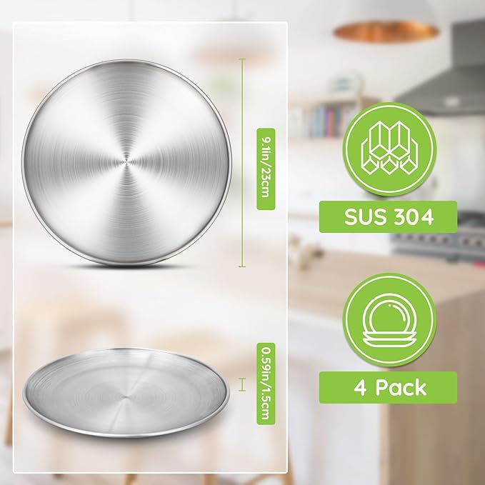Metal Camping Plates, 4 Pack 9.1 inch 304(18/8) Stainless Steel Plates, Reusable Pizza Food Serving Snack Eating Salad Dishes Round Shatterproof Plate Silver Dinnerware Dinner Oven Safe
