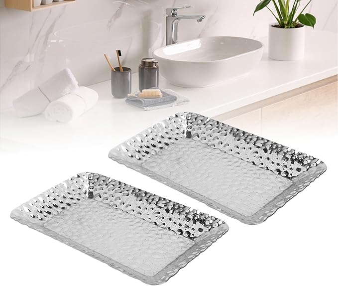 Stainless Steel Towel Tray Rectangular Serving Tray Elegant Silver Decorative Vanity Platter Tray for Kitchen Bathroom Storage Organizer Set of 2