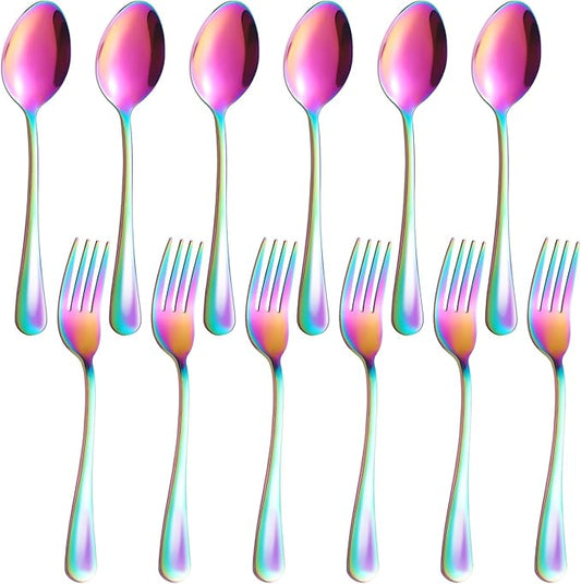 12 Pieces Spoons and Forks Set,Food Grade Stainless Steel Flatware Cutlery Set,6 Forks and 6 Spoons Silverware Set for Home,Kitchen,Restaurant-Mirror Polished & Dishwasher Safe(Rainbow)