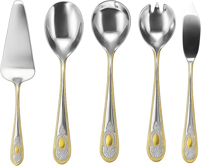 5 Piece Hostess Set - Serving Utensil Set - 18/10 Stainless Steel Silverware - Luxurious Handle with Gold Detailing - Elegant Silver and Gold Flatware Hostess Serveware (5, Lucca)