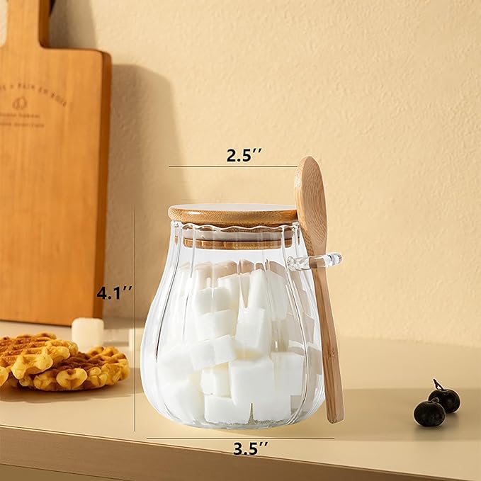 2Pcs Sugar Container with Bamboo Spoon Lid 15 oz Sugar Bowl Glass Coffee Canister Glass Jar Food Storage Jar Candy Jar Kitchen Coffee Bar Decor