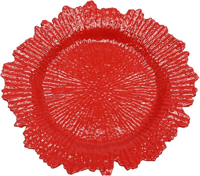 24 PCS Charger Plates Bulk, 13 Inch Floral Reef Plastic Charger Dinner Plates Round Service Plates Decorative Chargers Bulk for Table Setting Wedding Party Event(Red)
