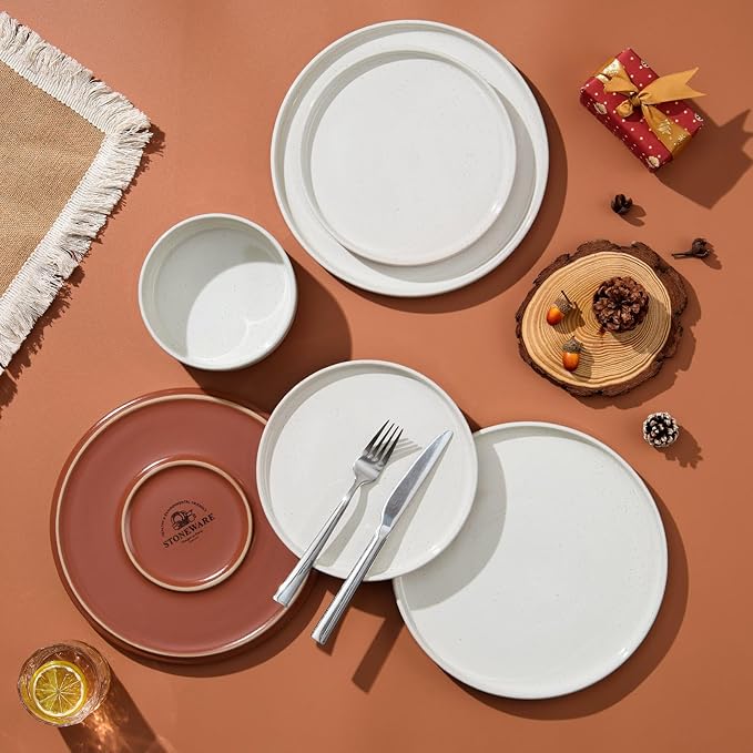 LIANYU Plates and Bowls Sets, 12 Pieces Stoneware Dinnerware Set for 4, Modern Kitchen Dinner Set Ceramic Dishware Dishes Set, Microwave and Dishwasher Safe, Cloud White