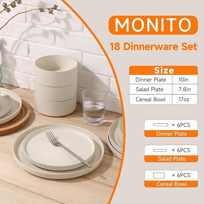 MONITO Ceramic Dinnerware Sets for 4, 18PCS Stoneware Plates and Bowls Sets, Reactive Glaze Dish Set, Chip and Scratch Resistant Double, Microwave and Dishwasher Safe, Matte White