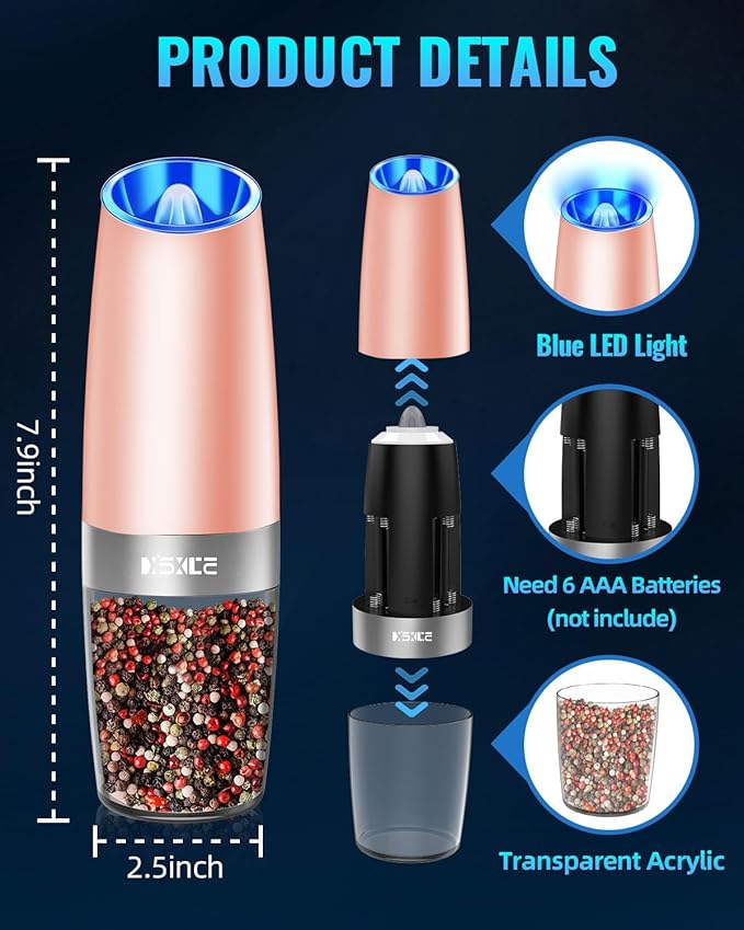 XinXu Gravity Electric Pepper and Salt Grinder Set, Adjustable Coarseness, with LED Light, One Hand Automatic Operation (Set/Coral X)