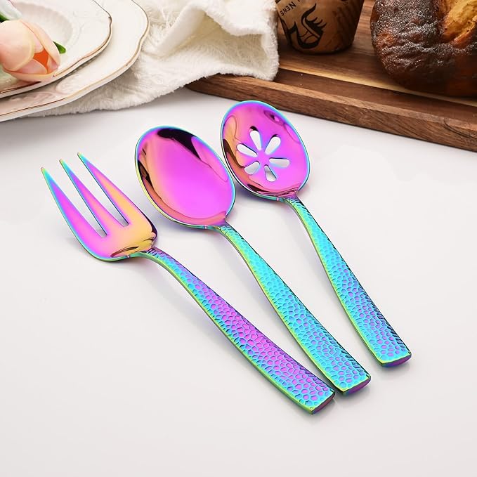 6 PCS Hammered Serving Utensils, Uniturcky Stainless Steel Serving Spoons Set, Square and Thick Hostess Serving Set, Includes 2 Serving Spoon 2 Serving Fork and 2 Slotted Spoon, Mirror Rainbow