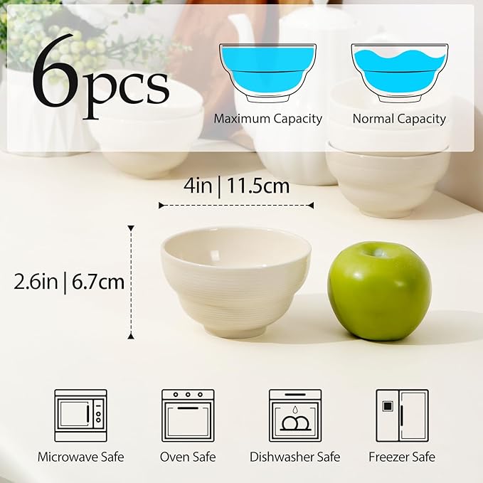 NUTRIUPS 6-Piece 4.5" Creamy Beige Ceramic Bouillon Cups Bowls, Porelain Small Cereal Bowls, 10oz Dipping Bowls Set for Sauce