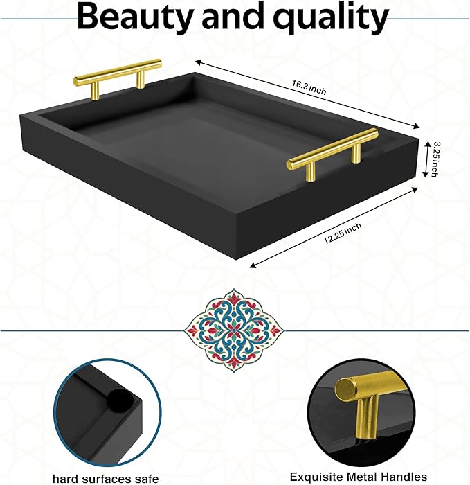 Coffee Table Tray - with Gold and Silver Metal Handles for Serving, Home Decor, Bathroom, Ottoman Design, Wooden Tray 16x12in (Black)
