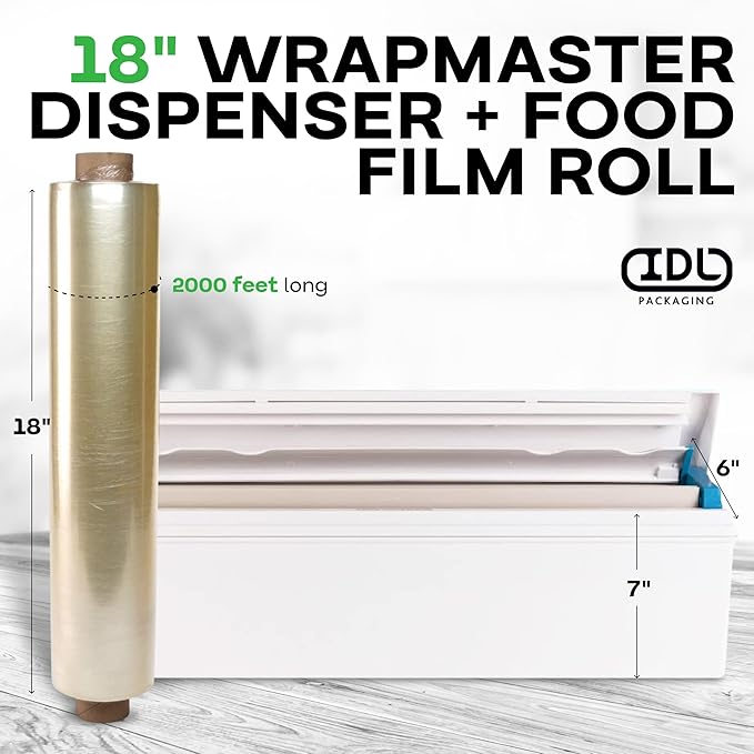IDL Packaging WP-180D 18" WrapMaster Dispenser with 18" x 2000' Food Film Roll - New Press-Cutter with Sharp Serrated Blade - 10X Longer Service Life with Durable Plastic Body