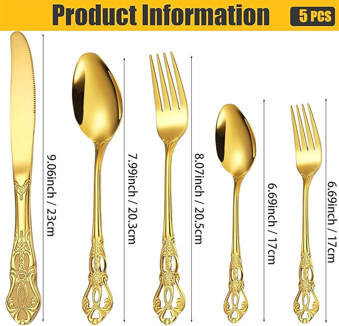 Vilihkc Gorgeous Retro Royal Stainless Steel 5 Pieces Flatware Set, Silverware Set, Anti-rust Stainless Steel Cutlery Set Utensils Including Fork Spoon and Knife
