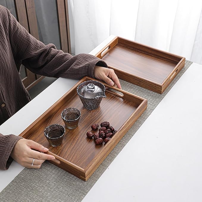 Wood Serving Tray with Handles Home Decorative Serving Trays Platter for Breakfast in Bed, Solid Wooden Serveware for Lunch, Dinner, Coffee Table, Used in Kitchen,Party and Outdoors.