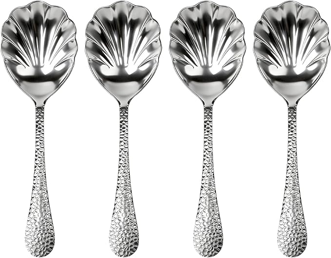 4Pack Serving Spoons 18/10 Stainless Steel Large Serving Spoons Set, Hammered Long Handle Serving Spoons for Buffet, Scalloped Design Serving Utensils for Kitchen Party Buffet Banquet (Silver)