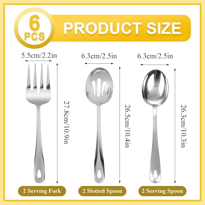 6 Pcs Serving Utensils Set, 11 Inch Silver Serving Utensil with 2xServing Spoons, 2xSlotted Spoons, 2xServing Forks, Stainless Steel Utensil Set for Party Banquet Catering Buffet