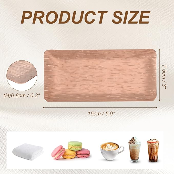 uxcell Decorative Tray, 5.9x3 Stainless Steel Rectangular Frosted Serving Tray with Streak Grain Pattern for Dessert Napkin Towel Candle Jewelry Bathroom Platter, Stackable, Rose Gold