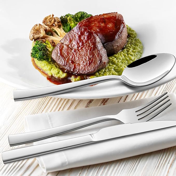 HaWare 24-Piece Silverware Set with Steak Knives, Solid Stainless Steel Modern Elegant Flatware Utensils, Ergonomically Designed, Mirror Polished & Dishwasher Safe