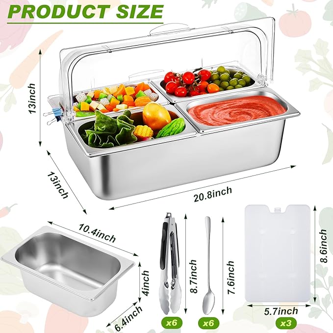 Tessco for you 16 Pcs Ice Food Spice Serving Display Countertop Chilled Condiment Container Set with Lid, Stainless Steel Salad Cold Caddy for Buffet Restaurant Kitchen Party(4 Compartments)