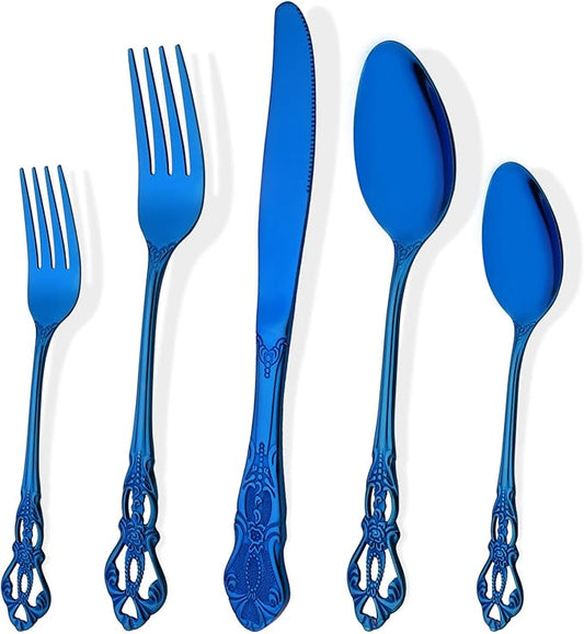 Shiny Blue Flatware Set For 4, 20 Pieces 18/0 Stainless Steel Silverware Set, Cutlery Utensils Set Include Knives/Forks/Spoons, Antique Baroque Style & Luxury Mirror Polished