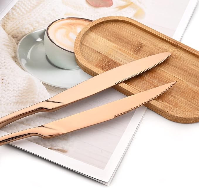24-Piece 304 Silverware Set, Mirror Polish Serving Flatware Cutlery Set Include Steak Knife Fork Spoon, Wedding Kitchen Restaurant Utensils Daily Use, Service For 4, Rose Gold