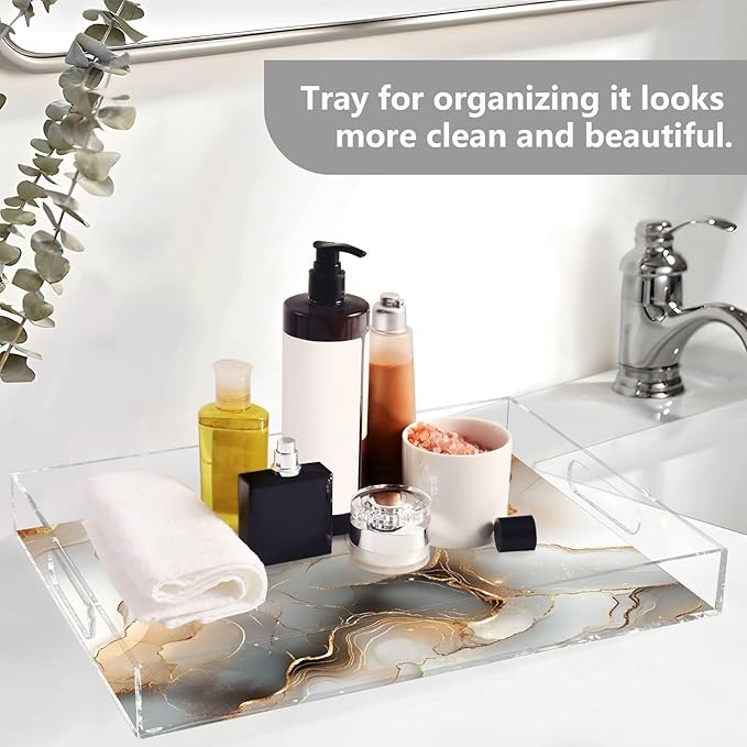 Rectangle Acrylic Tray Marble Gold Silver Acrylic Serving Trays with Handles 12x16 inches Clear Trays for Serving Food Spill-Proof