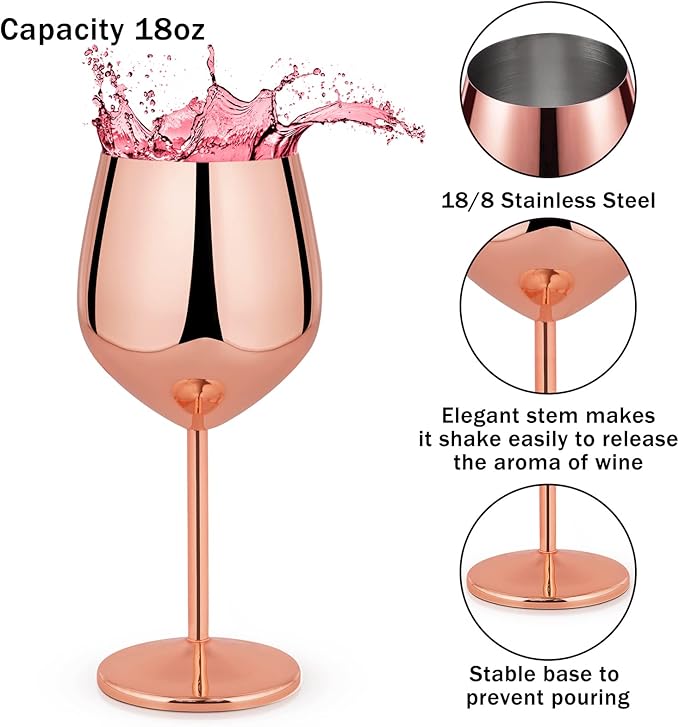 Lifecapido Stainless Steel Stem Wine Glasses Set of 6, 18oz Copper Wine Glasses, Stainless Steel Wine Goblets with Cup Brush for Party Office Wedding Anniversary, Great for Red White Wine(Rose Gold)