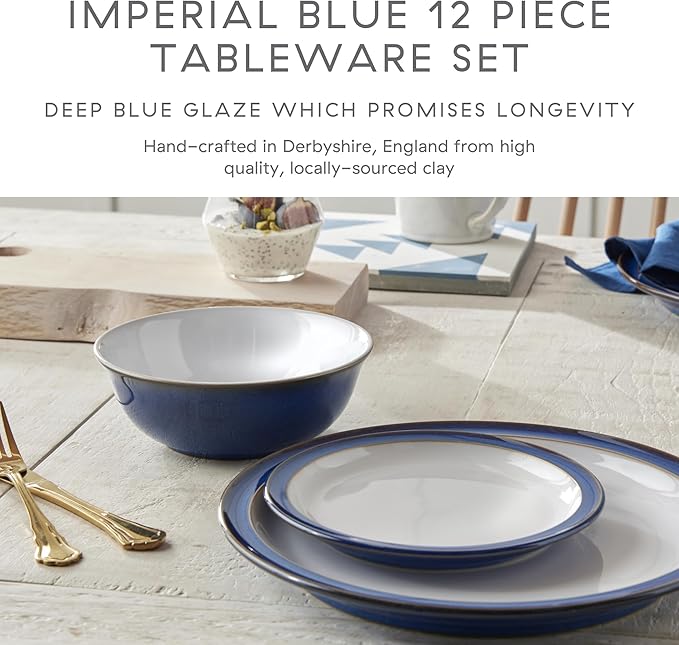 Denby - Imperial Blue Dinner Set for 4-12 Piece Ceramic Tableware Set Blue, White - Dishwasher Microwave Safe Crockery Set - 4 x Dinner Plate, 4 x Small Plate, 4 x Cereal Bowl