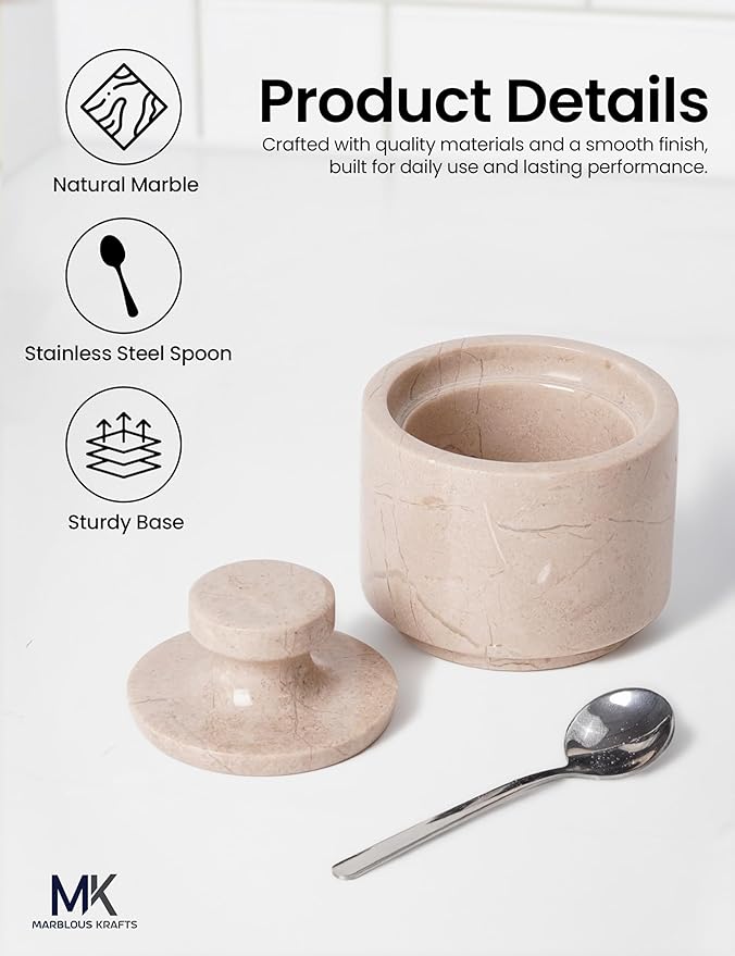 MARBLOUS KRAFTS Marble Salt Container with Lid & Spoon 3' Verona Pepper, Spices & Seasonings Jar for Kitchen Storage, Perfect Sugar Bowl & Salt Box Countertop Décor, Gift for Her