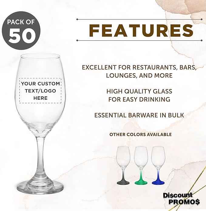 DISCOUNT PROMOS 50 Water and Wine Goblet Glasses Set, 12.75 oz. - Customizable Text, Logo - Colombia made - Clear