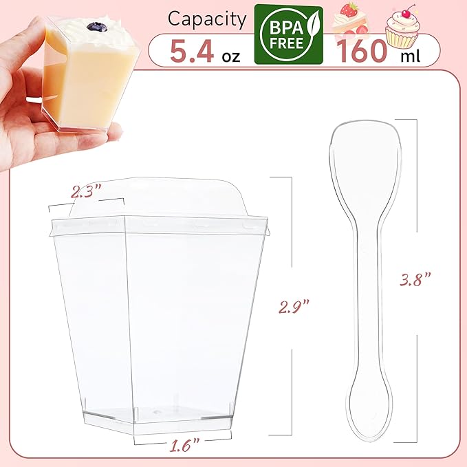 OTOB 150 Pack 5.4 oz Dessert Cups with Lids and Spoons | Serves 50 | Small Square Plastic Cake Pudding Cups, Mini Party Serving Cups for Parfait, Yogurt, Appetizers, Mousse, Dessert Shot Glasses Bowl