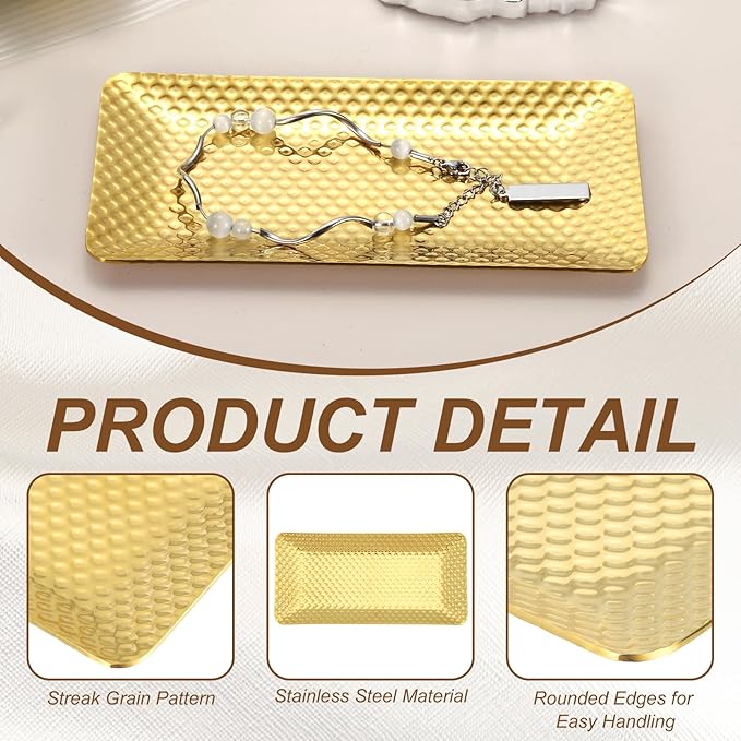 uxcell Decorative Tray, 5.9x3 Stainless Steel Rectangular Glossy Serving Tray with Hammer Pattern for Dessert Napkin Towel Candle Jewelry Bathroom Platter, Stackable, Gold