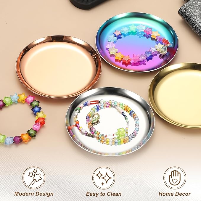 uxcell Round Serving Trays, 3.94" Stainless Steel Decorative Jewelry Dish, Small Vanity Tray for Bathroom Aromatherapy Candle Drink Plate,Silver