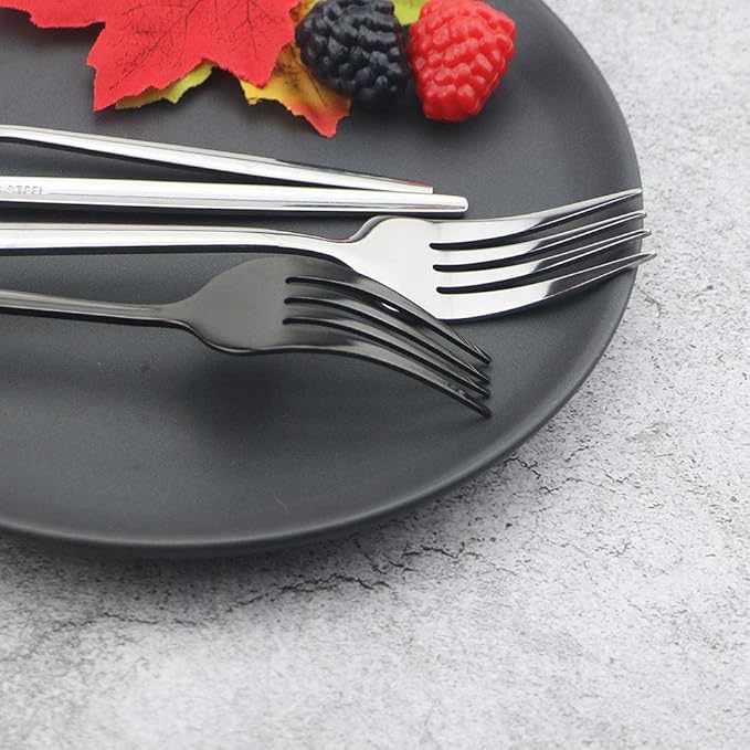 JASHII 4 Piece Titanium Black Plated Stainless Steel Flatware Set, Black Cutlery Set, 4 Pieces Black Silverware Set, Service for 1 (Black Full)