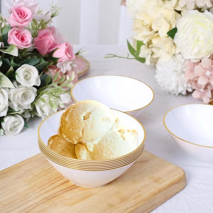 Efavormart 24 Pack | 7oz Glossy White/Gold Rim Heavy Duty Plastic Dessert Bowls, Premium Disposable Ice Cream Party Bowls