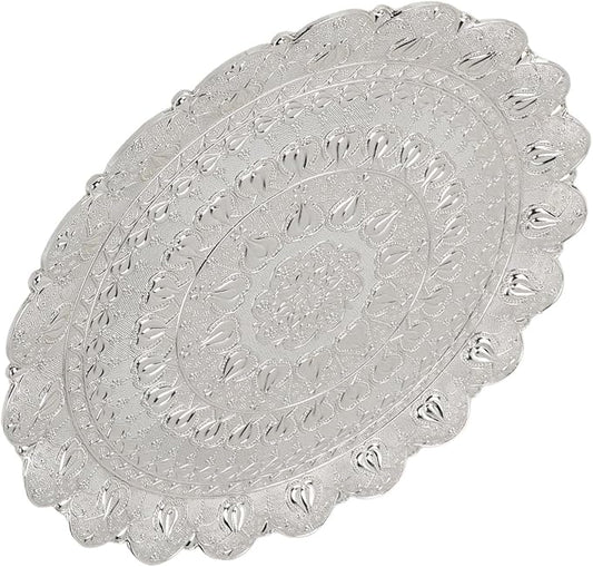 Turkish Tea Coffee Serving Tray, Vintage Style Round Coffee Tray with Embossed Pattern, Metal Dessert Plate for Bar Outdoor Dresser and Home Use (Silver)