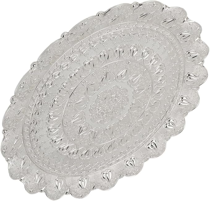 Vintage Style Round Coffee Serving Tray with Embossed Pattern, Retro Tea Coffee Plate for Bar, Outdoor Dresser, Dessert (Silver)