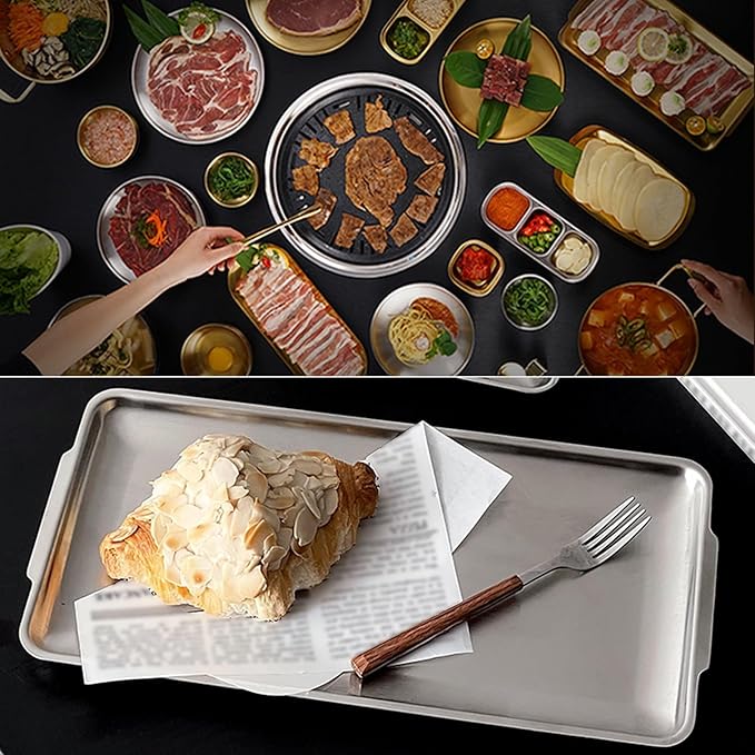 2 Pcs Serving Tray with Handles, Decorative Trays for Coffee Table, Stainless Steel Material, Non Stick Oil, Smooth and Easy to Clean(Silver,24x40CM/9x16IN)