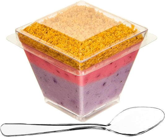 DLux 100 x 2oz Square Mini Dessert Cups with Spoons and Lids, Clear Plastic Parfait Appetizer Cup - Small Reusable Serving Bowl for Tasting Party Desserts Appetizers - With Recipe Ebook