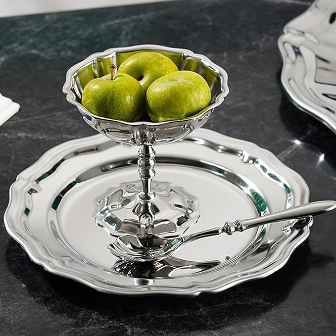 AMONIDA Stainless Steel Oval Platter, Sturdy Material Round Silver Tray with Effortless Maintenance Heavy Duty Mirror Polish Serving Plate forKitchen Weddings Desserts Fruits (Large Size for (Large