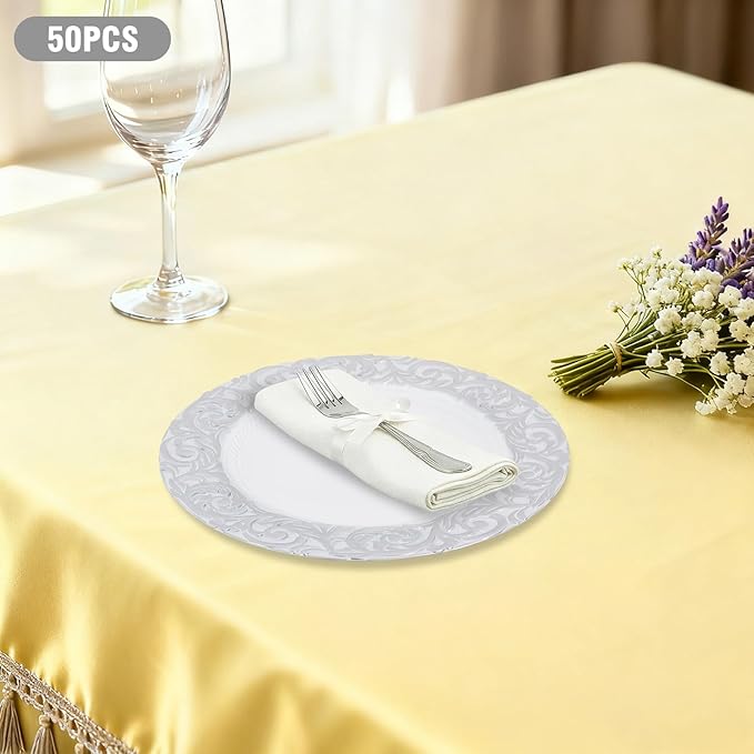 50Pcs Antique Charger Plates, 13" Plastic Chargers Bulk With Embossed Rim, Round Chargers for Dinner Plates, Decorative Plate Table Setting for Party Wedding Banquet Holiday Event (White+Silver)