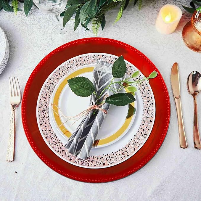 13" Charger Plates -Set of 12 - Acrylic Red Round Beaded Disposable Chargers, Ideal for Dinner Party Wedding Bulk Events Tabletop Decoration