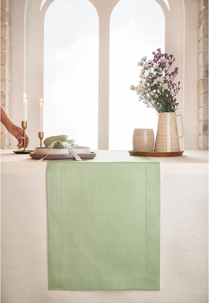D'Moksha Homes Linen Sage Green Table Runner 120 Inches Long - 100% Pure Linen Hemstitch 14 x 120 Inch Table Runner for Dining, Winter, Christmas, Holiday, New Year - Classic Hemstitch