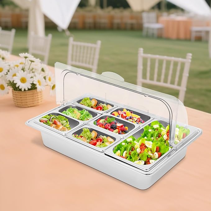 7 Compartments Food Serving Display Container, 7 Pans Countertop Ice Food Serving Display Container Stainless Steel Buffet Food Display Serving Tray with Clear Roll Top Cover Serving Dish
