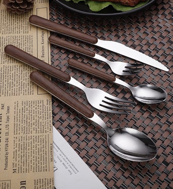 Wood Silverware Set for 8 Durable Stainless Steel Flatware Set 40 Piece Wooden Grain Cutlery Tableware Utensils Set for Home Kitchen Wedding Restaurant Knifes Forks and Spoons