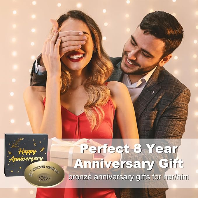 8 Year Anniversary Bronze Gifts for Her Him, 8th Wedding Anniversary for Wife Husband, 4" Metal Ring Holder Dish Jewelry Tray - Unique Decoration Ideas Bronze Gift For Men Women Couple