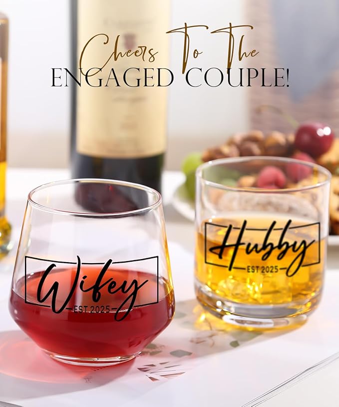 Wedding Gifts for Couples 2025,Bridal Shower Gifts, His and Hers Gift,Whiskey Wine Glasses with Diamond Wine Stopper Set，Anniversary Christmas Gift for Couples，Hubby and Wifey