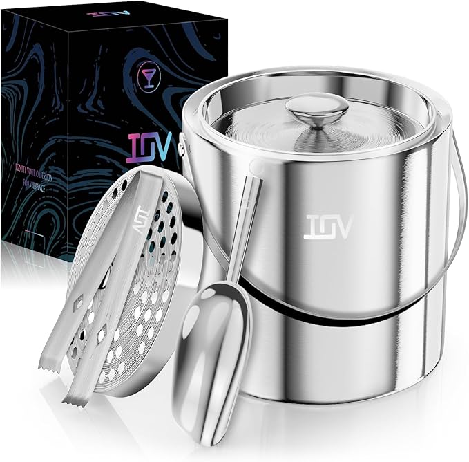 IOV Ice Bucket with Lid, Scoop, Tongs, and Strainer, 3 L Stainless Steel Double Wall Insulated Ice Bucket for Parties, Keeps Ice Frozen Longer, Ideal for Cocktail Bars, Freezers, and Wine - Silver