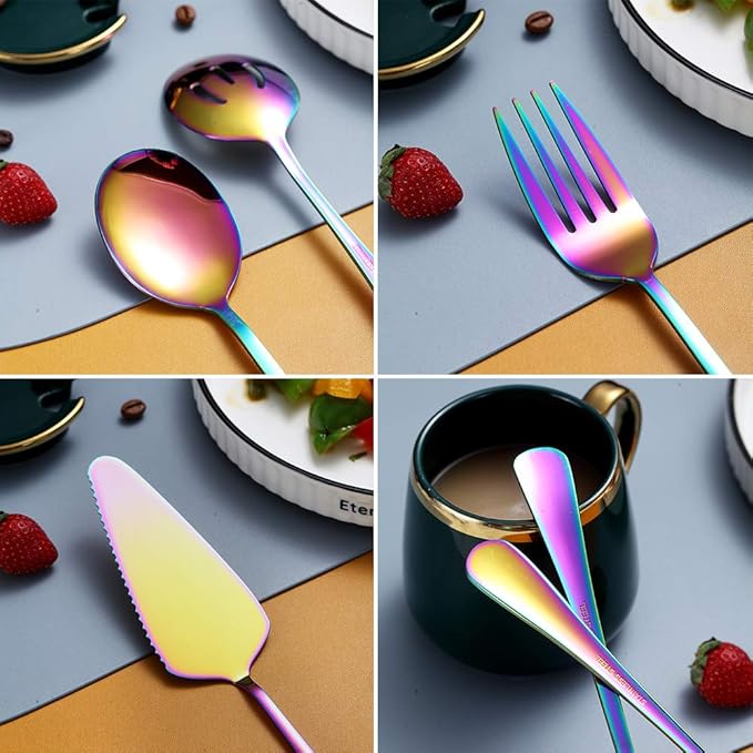 Rainbow 10-Piece Serving Flatware Set - Stainless Steel Silverware with Slotted Spoon, Cake Server, Fork, Soup Ladle