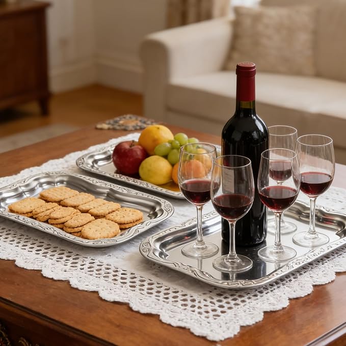 6 Pack Silver Serving Trays Set, Floral Engraved Mirror Decorative Tray Party Platters for Whiskey Cookies Food Dessert Fruit Cupcake Weddings Table Parties Display