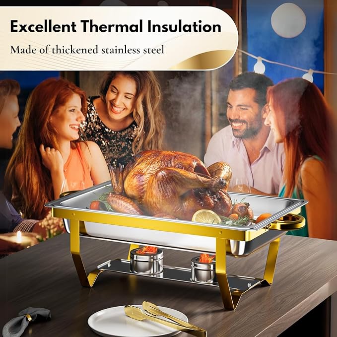 Gold Chafing Dishes for Buffet Set of 6, 9.5QT Chafing Dish Buffet Set with Tongs, Chafers and Buffet Warmers Set, Stainless Steel Food Warmers for Parties Buffet, Party Food Warmer Buffet Set