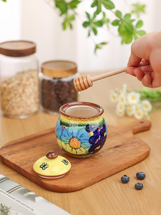 silesia Handmade Ceramic Honey Jar with Lid, 8 oz Floral Design Honey Pot with Dipper, Hand-Painted Honey Containers for Honey, Jam, or Syrup, Dishwasher Safe (Glazed Yellow)