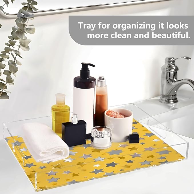 Serving Tray with Handles Clear Acrylic Tray 12x16 Inch Decorative Rectangular Tray Organizer for Ottoman Coffee Table Bathroom Silver and Golden Stars